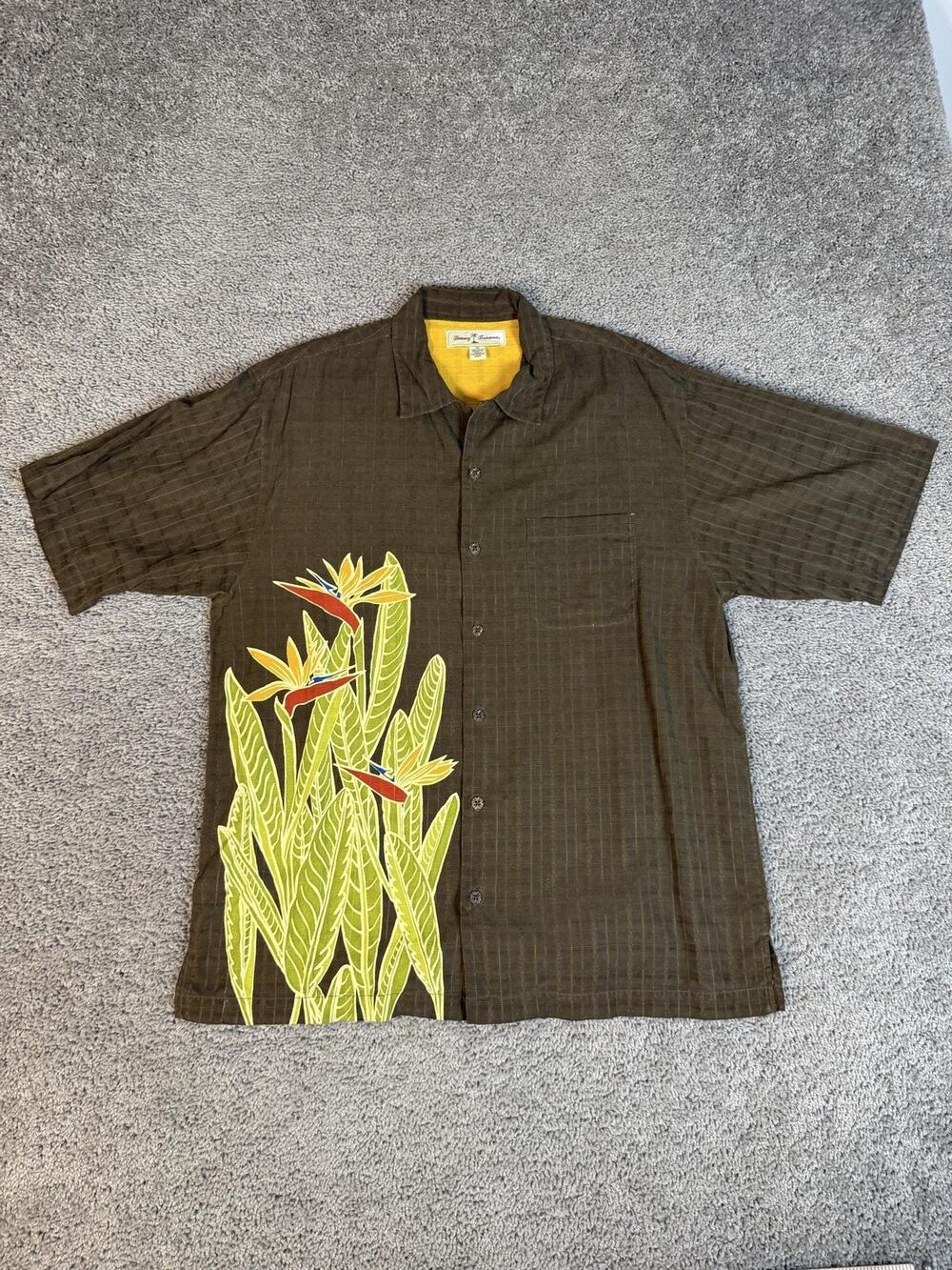 Tommy Bahama Shirt Mens M Brown Floral Birds Of Paradise Silk Hawaiian Button Up